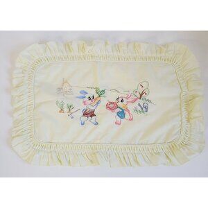 Vintage Yellow Ruffled Baby Pillowcase Embroidered Bunny & Carrot Garden Scene